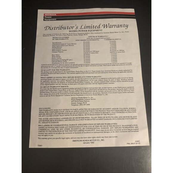 Honda HRM 17E PVA SVA Rotary Mower OEM Owners Manual HR17E 1992 - Picture 8 of 9